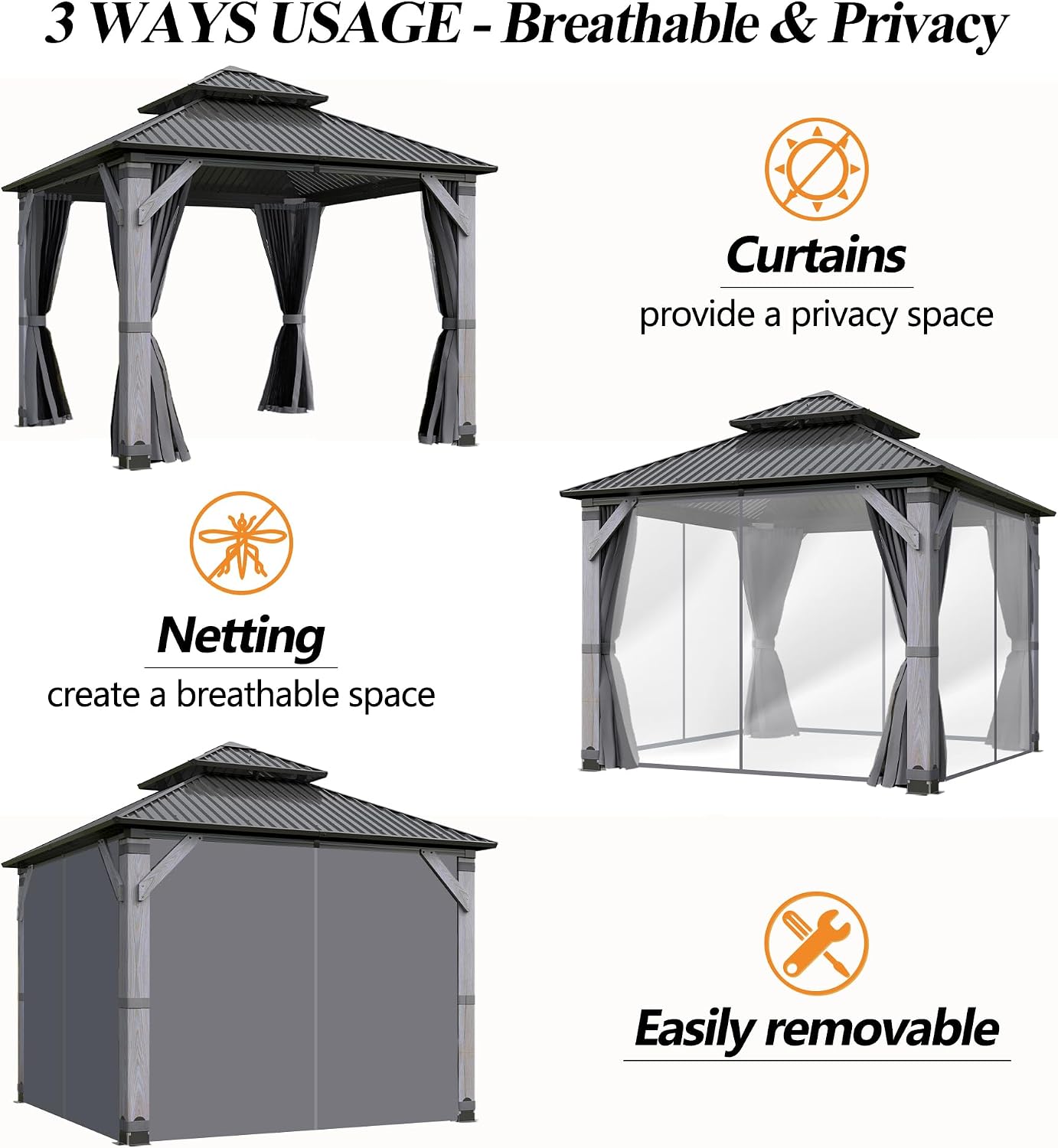 GARTOO 10' x 10' Outdoor Wood Gazebo - Permanent Wooden Hardtop Gazebo Pavilion with Double Curtains, Galvanized Steel Roof Cedar Wood Gazebos for Garden, Lawn, Poolside, Backyard Deck