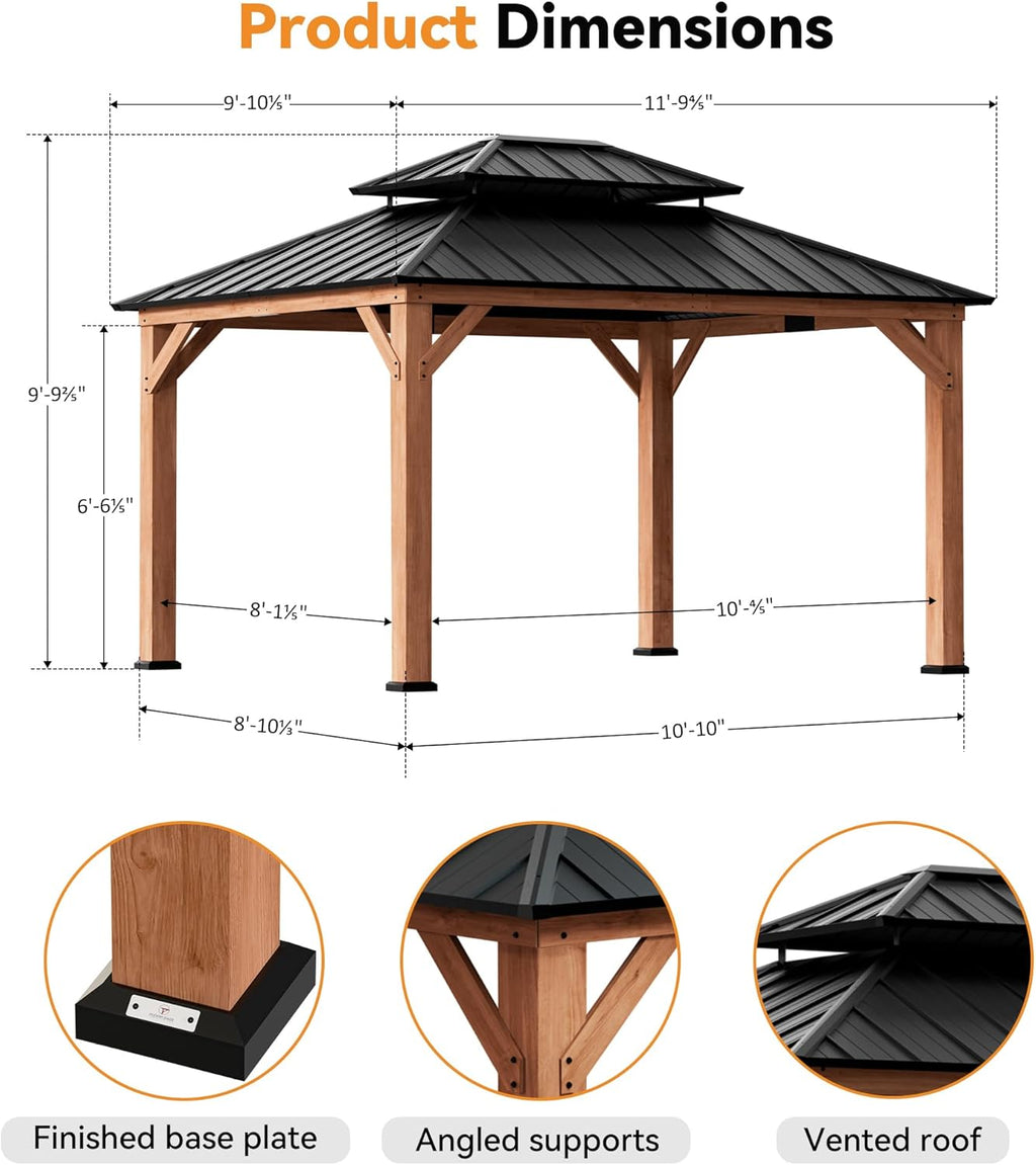 Modern Shade Rosewood Wood Gazebo 10' x 12', Hardtop Gazebo Permanent with Double Galvanized Steel Roof, Cedar Outdoor Gazebo with Sturdy Hooks for Garden, Backyard, Patio, and Deck