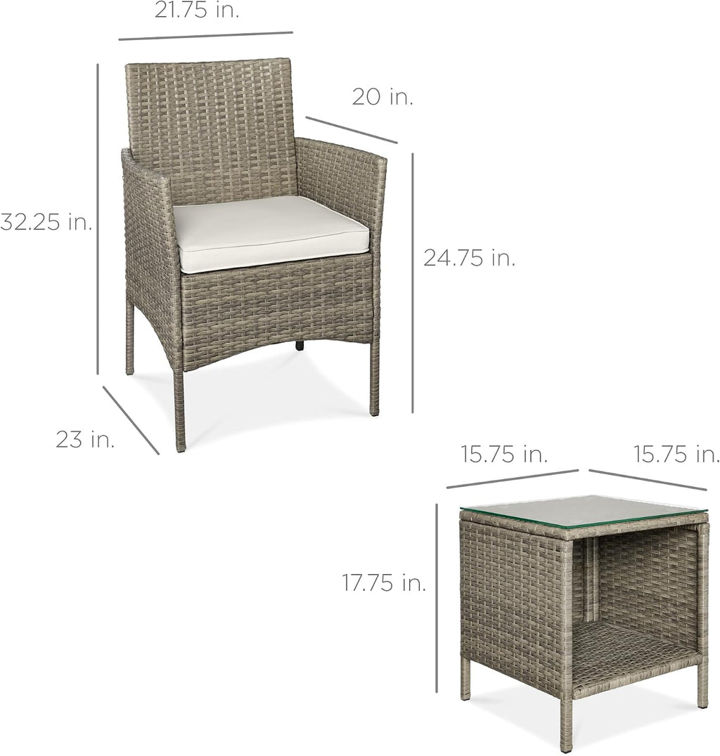 Best Choice Products 3-Piece Outdoor Wicker Conversation Bistro Set, Space Saving Patio Furniture for Garden w/Side Table - Taupe/White Sand