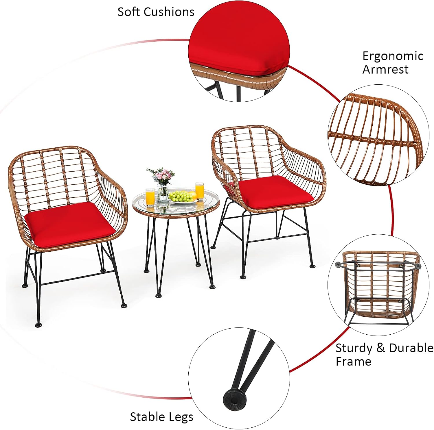 Tangkula 3 Pieces Patio Conversation Bistro Set, Outdoor Wicker Furniture w/Round Tempered Glass Top Table & 2 Rattan Armchairs, Bistro Chat Set w/Seat Cushions for Porch, Backyard, Garden