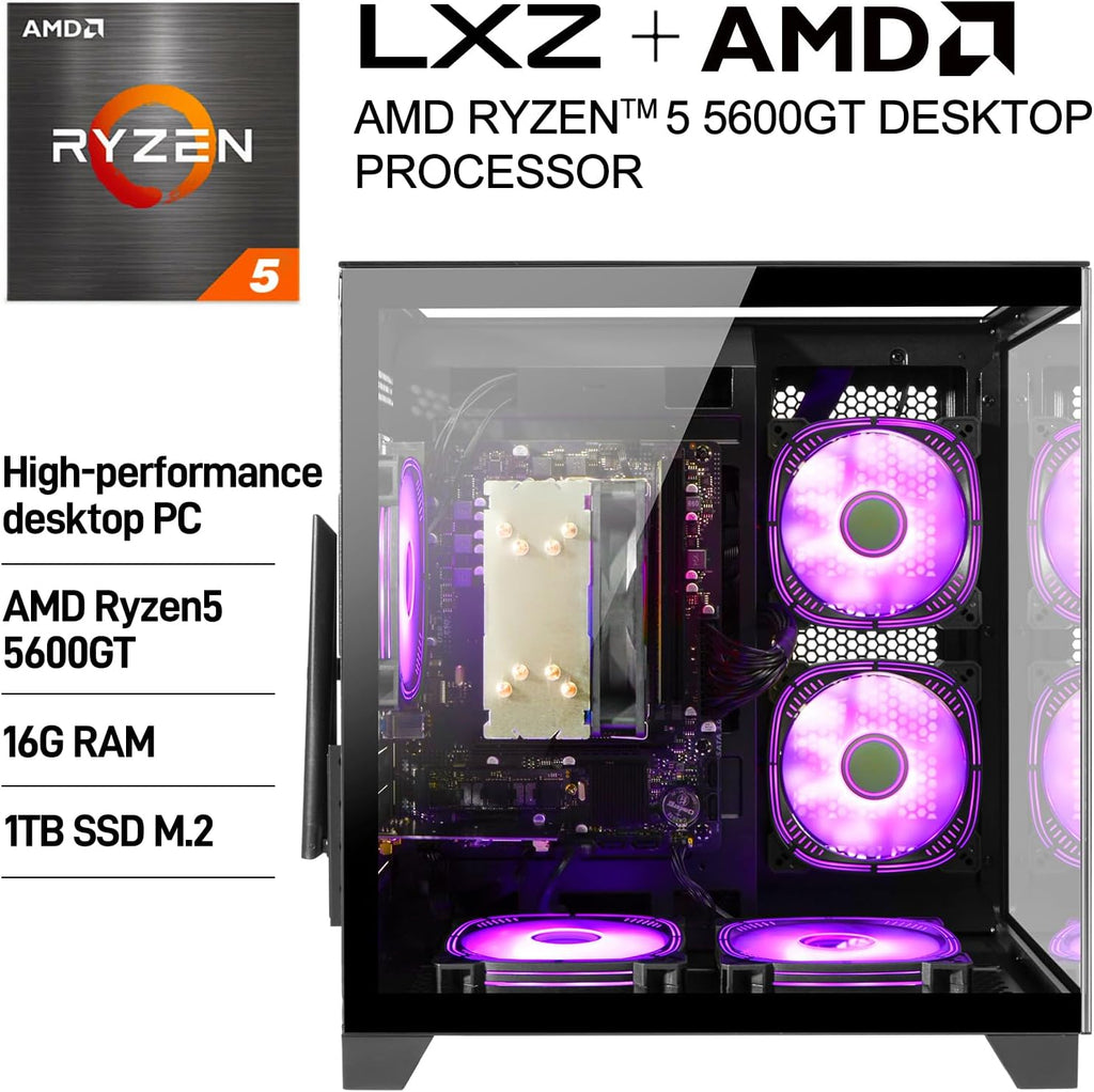 LXZ Desktop PC Computer Ryzen 5-5600GT 8 core 3.6GHz, 16G DDR4 RAM, 1TB NVME SSD, Tower Computer with Wi-Fi & 400W Power Supply for Working, Home and Office