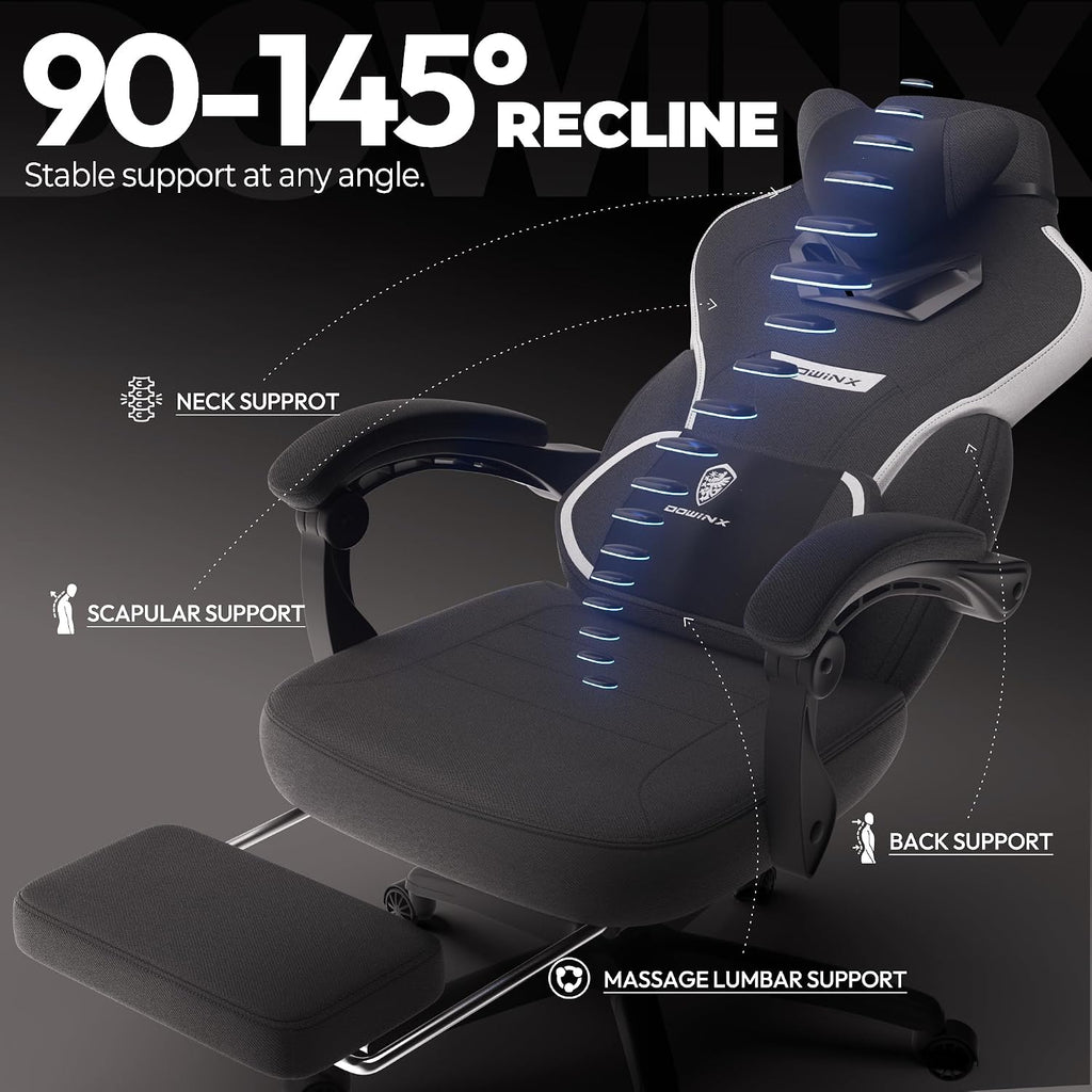 Dowinx Fabric Gaming Chair with Footrest,Big and Tall Game Chair for Heavy People, Gamer Chair with Massage Lumbar Support,Ergonomic Computer Gaming Chair for Adults, Fabric Black