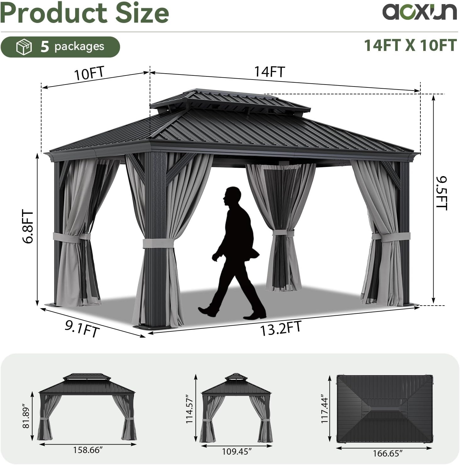 Aoxun 10' X 14' Hardtop Gazebo with Drainage System, Aluminum Outdoor Gazebo with Galvanized Steel Double Roof, Patio Permanent Metal Pavilion with Netting, for Garden, Deck, Pool, Grey