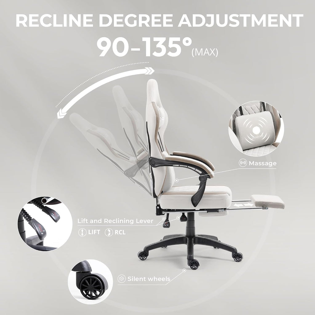 Dowinx Gaming Chair Breathable Fabric Computer Chair with Pocket Spring Cushion, Comfortable Office Chair with Gel Pad and Storage Bag,Massage Game Chair with Footrest,Beige
