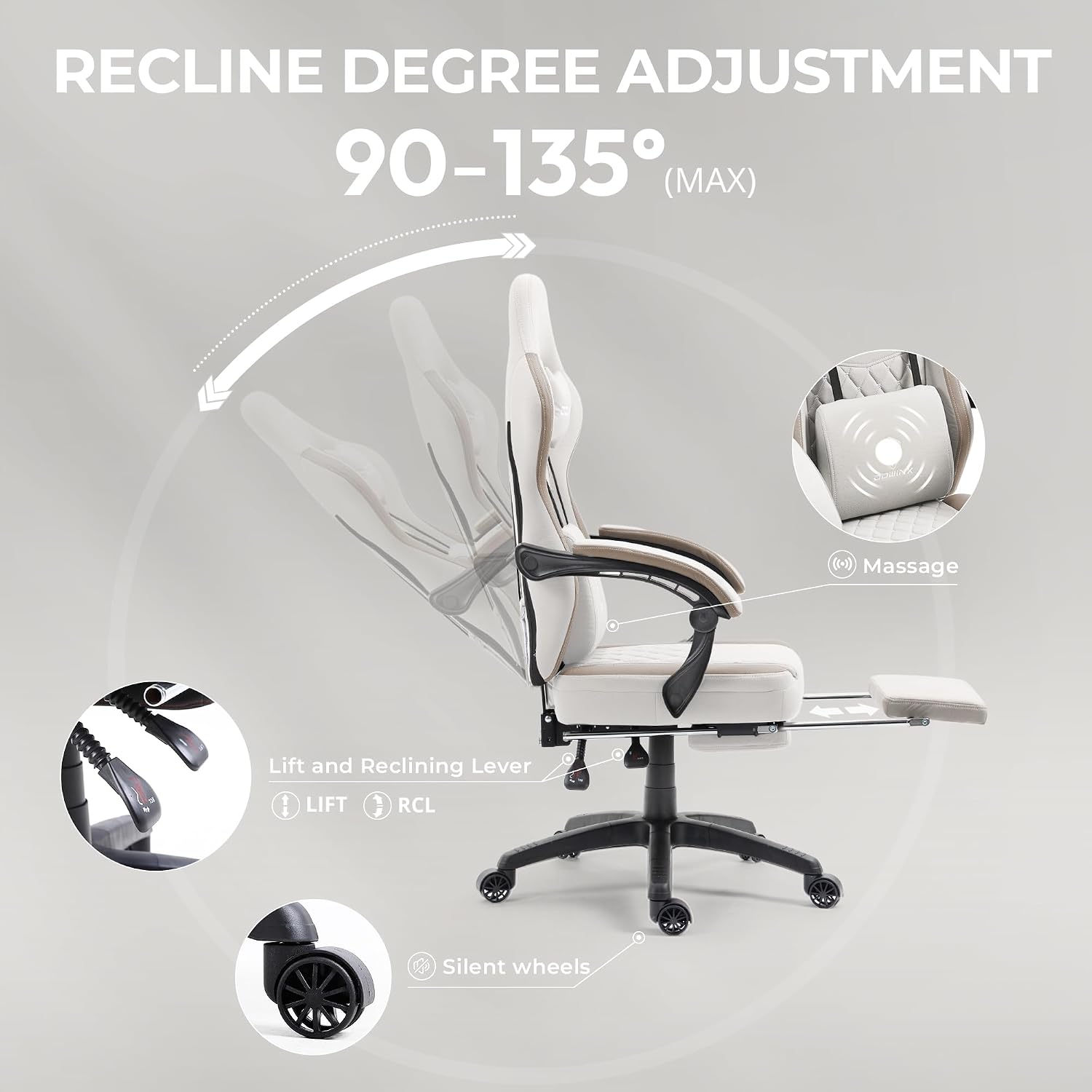 Dowinx Gaming Chair Breathable Fabric Computer Chair with Pocket Spring Cushion, Comfortable Office Chair with Gel Pad and Storage Bag,Massage Game Chair with Footrest,Beige