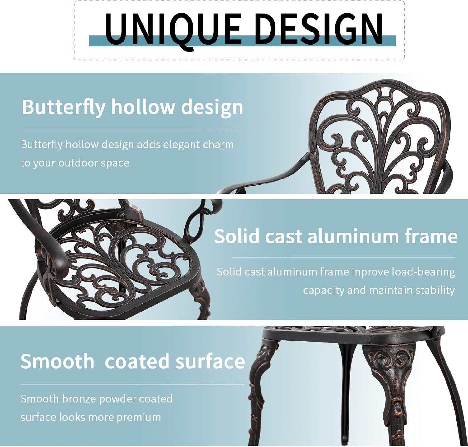 Bistro Set 3 Piece Outdoor Bistro Table and Chair Set of 2 Cast Aluminum Patio Furniture with Umbrella Hole,Patio Bistro Table Sets for Garden,Yard(Brown)