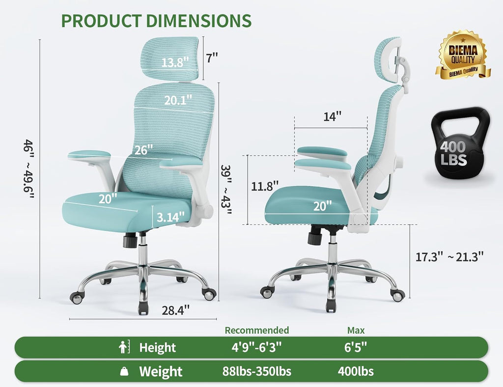 Office Chair - Ergonomic Office Chair with Back Support, Ergonomic Computer Chair - Home Office Desk Chairs, 400lbs Wide Seat Big and Tall Office Chairs with Headrest, Comfy Desk Chairs(Blue)