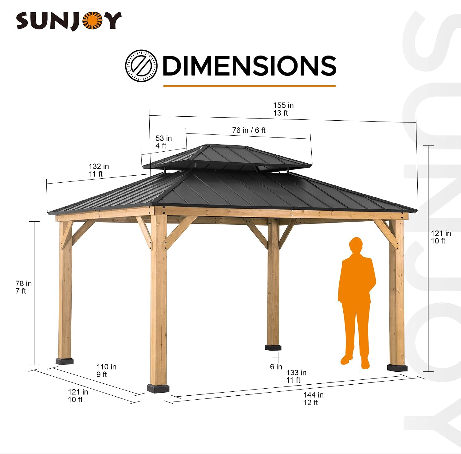 Sunjoy 11 x 13 ft. Wood Gazebo Cedar Framed Gaezbos with Black Double Steel Hardtop Roof for Garden, Backyard Shade, Matte Black Roof + Natural Wood Frame
