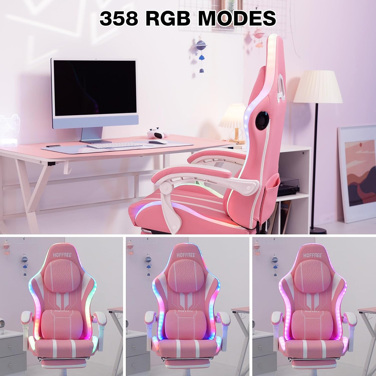 HOFFREE Pink Led Gaming Chair with Bluetooth Speakers Massage Gaming Chair with RGB Lights Big and Tall Gamer Chairs for 400lbs Heavy People High Back Computer Desk Chair with Footerst Pink and White