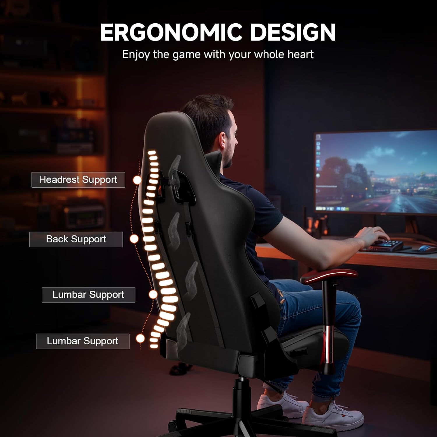 GTRACING Gaming Chair with Reclining Backrest, Adjustable Height and Swivel Base, Ergonomic Computer Chair with Headrest and Lumbar Support (Black)