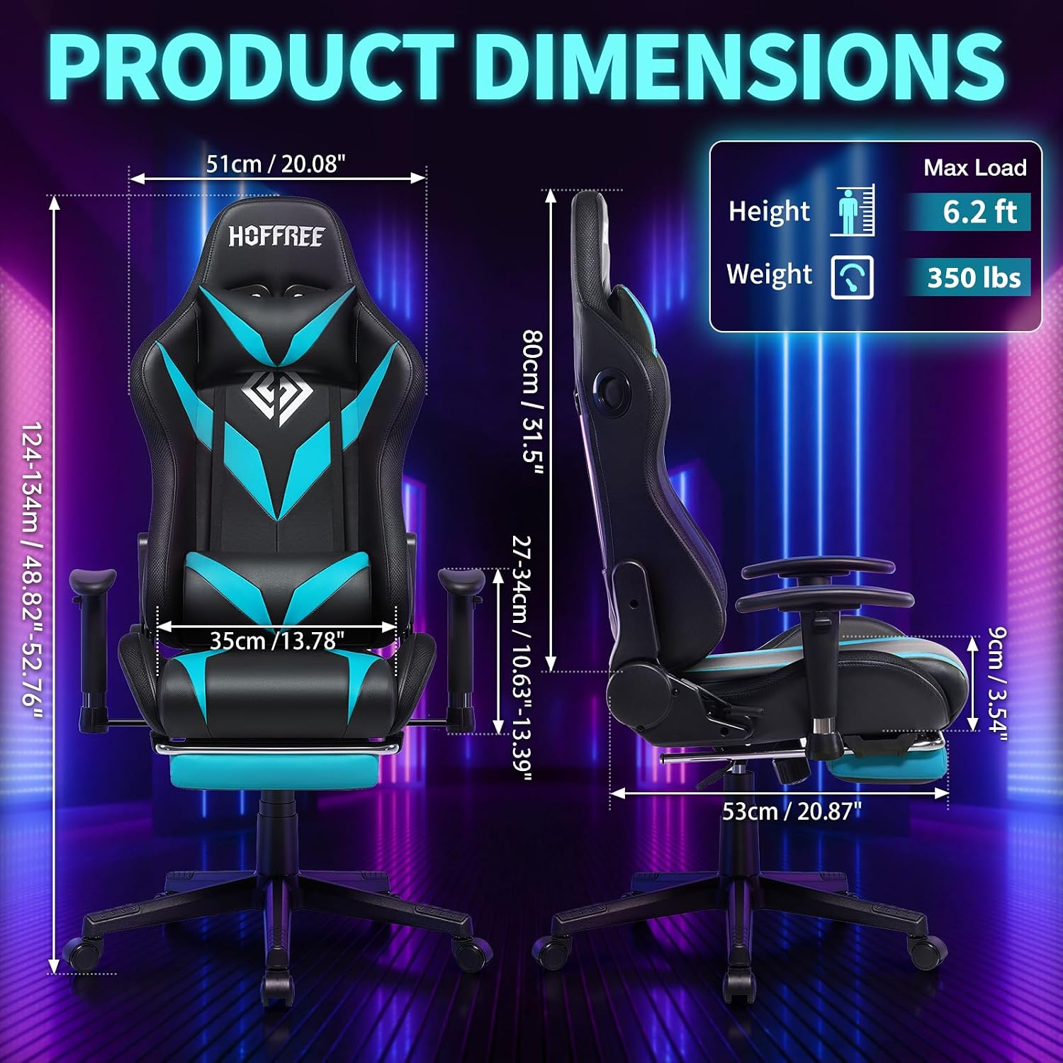 HOFFREE Gaming Chair with Bluetooth Speakers and Led Lights Massage Video Game Chair with Footrest Reclining High Back Computer Gamer Chair Blue and Black