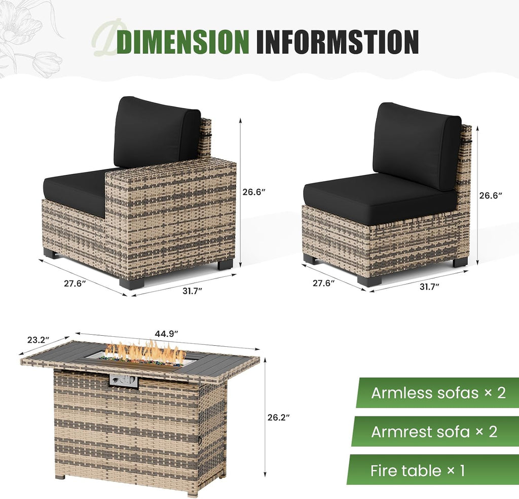 Amopatio 5 Piece Patio Furniture Set with 8' Armrest & 44' Fire Pit Table, Outdoor Wicker Rattan Sectional Sofa Conversation Set for Backyard, Garden, Poolside(Black Cushion)