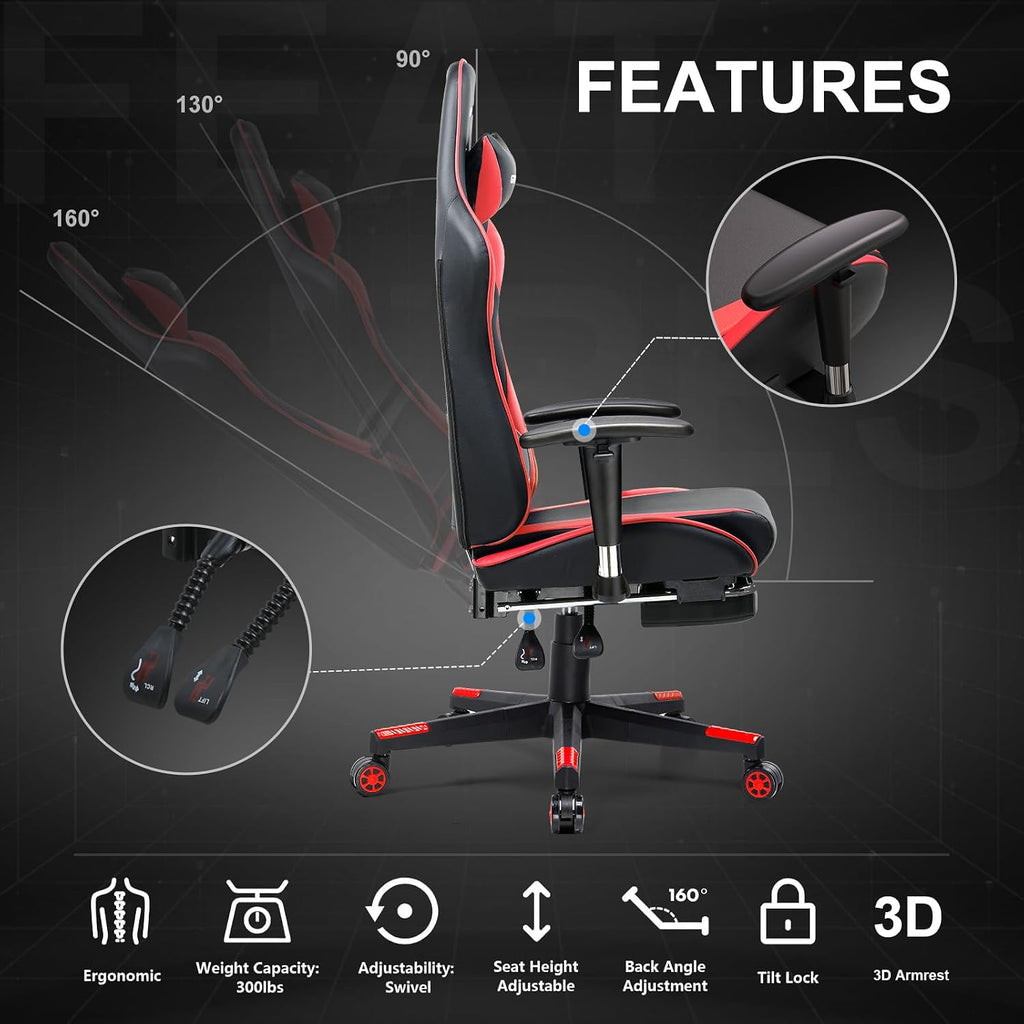 GTPLAYER Gaming Chair with Footrest, Ergonomic Computer Game Desk Chair, Recline Gaming Chair Seat Height Adjustment, Swivel Rocker with Headrest and Lumbar (RED)