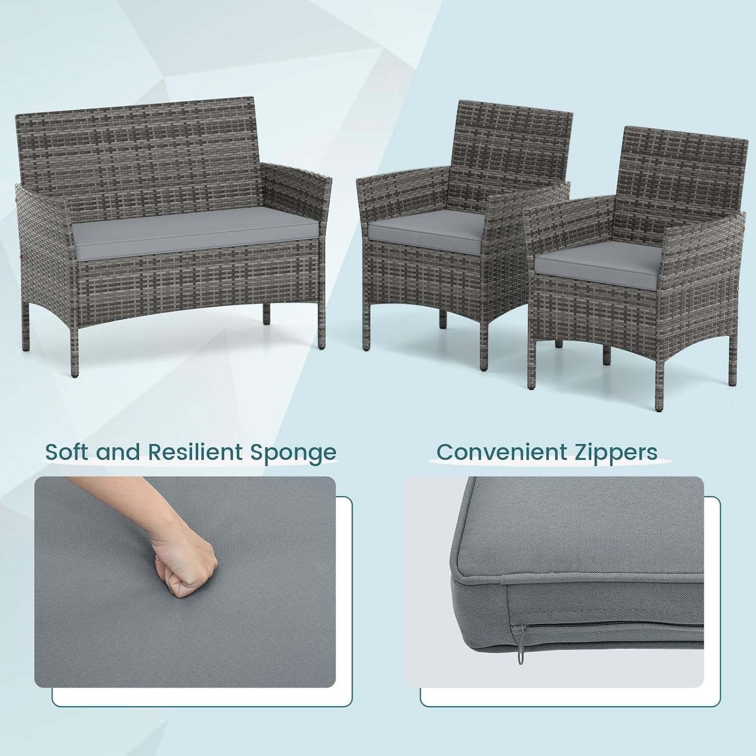 RELAX4LIFE 4-Piece Patio Furniture Set - Rattan Outdoor Conversation Bistro Set w/Cushions, Glass Coffee Table, Wicker Chairs & Loveseat for Garden Backyard Porch, Balcony Furniture Set (1, Mix Grey)