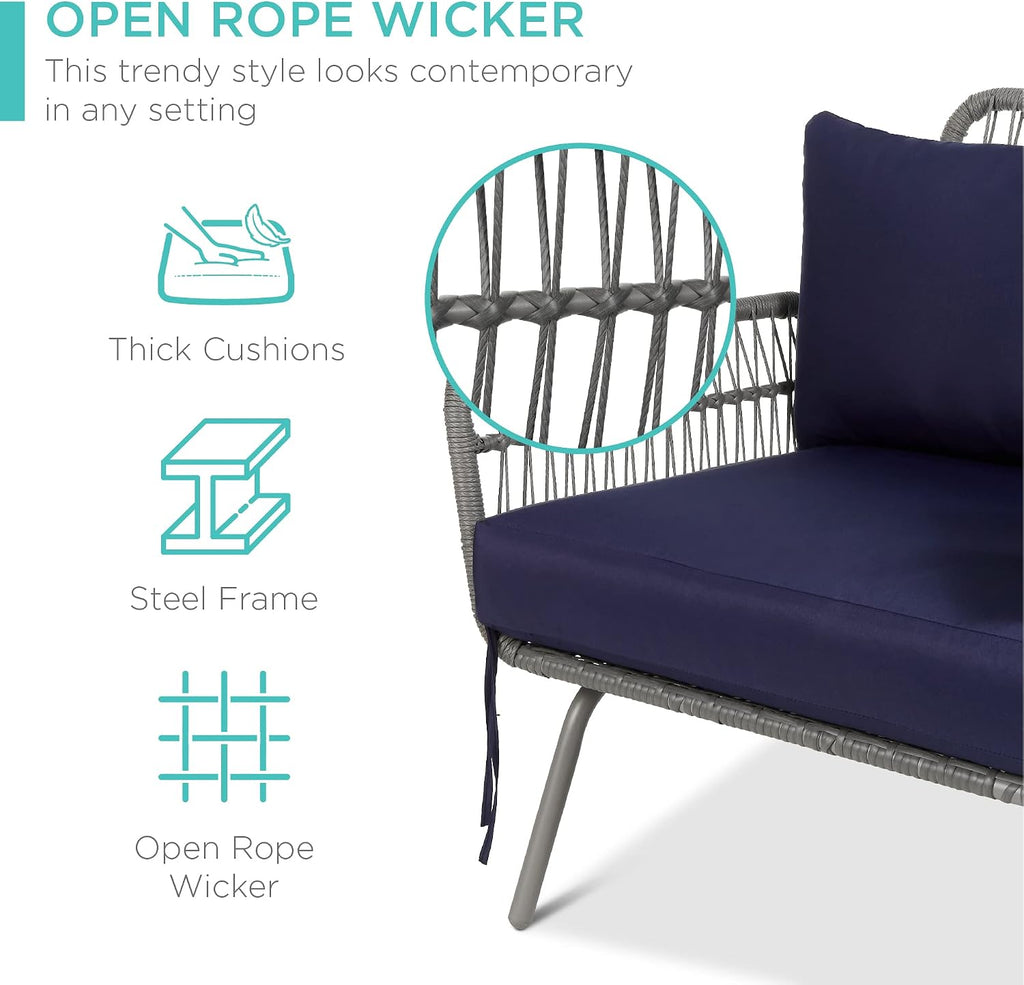 Best Choice Products Outdoor Rope Woven Sectional Patio Furniture L-Shaped Conversation Sofa Set for Backyard, Porch w/Thick Cushions, Detachable Lounger, Side Table - Gray/Navy