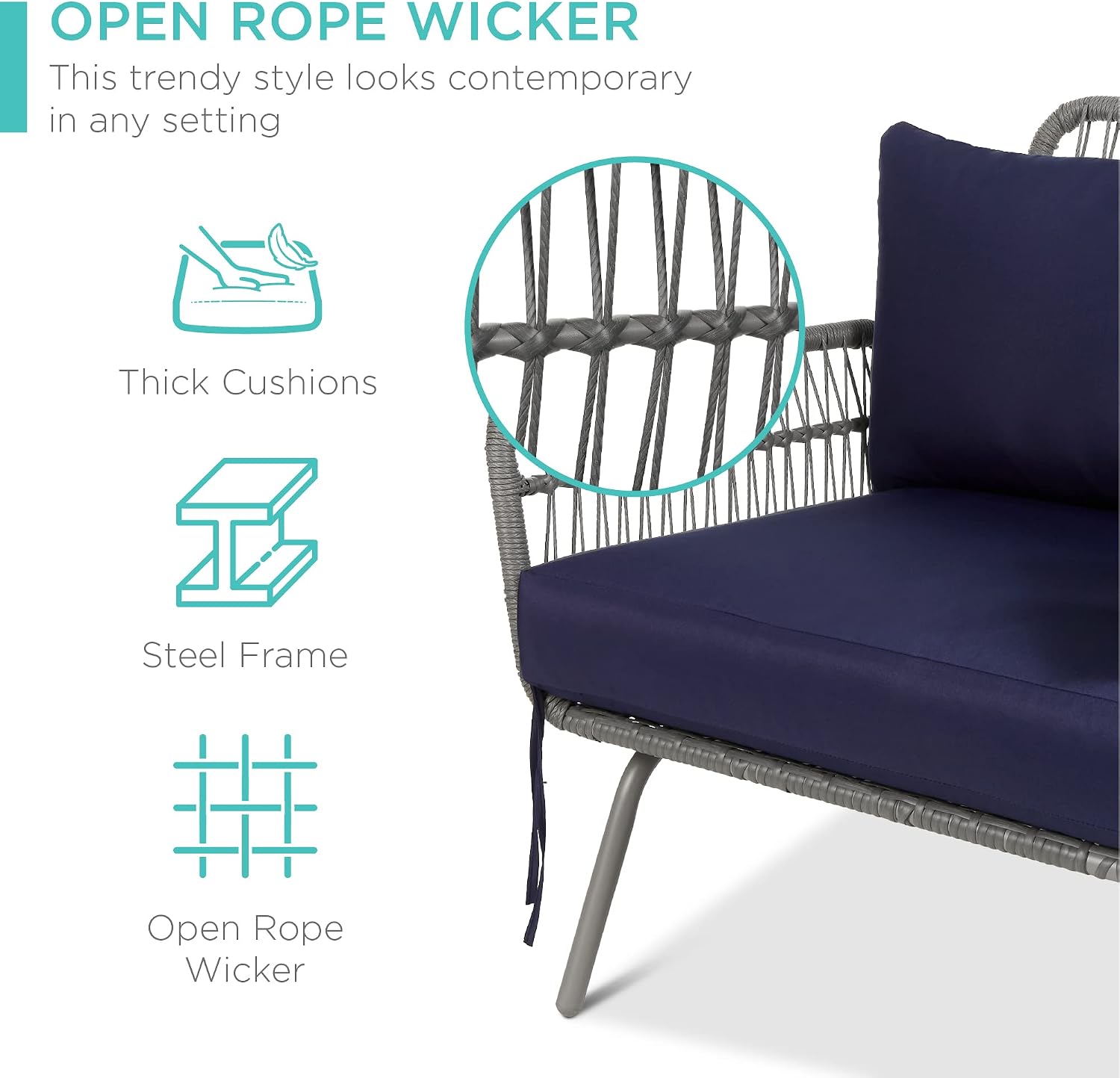Best Choice Products Outdoor Rope Woven Sectional Patio Furniture L-Shaped Conversation Sofa Set for Backyard, Porch w/Thick Cushions, Detachable Lounger, Side Table - Gray/Navy