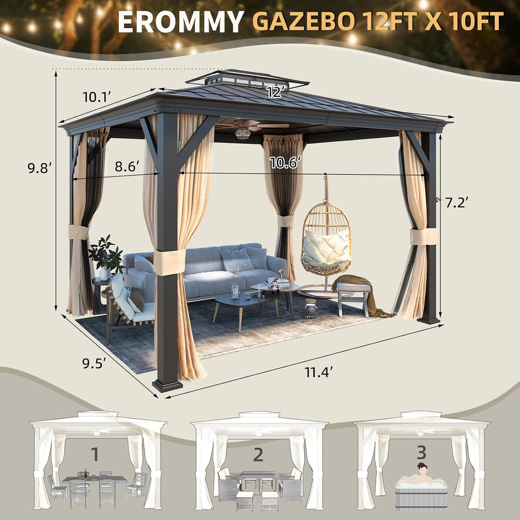 EROMMY 10'X12' Gazebo with Galvanized Steel and Acrylic Roof, Thickened Aluminum Frame Included, Outdoor Permanent Pavilion Gazebos with Curtains and Nettings for Patio, Backyard, Deck