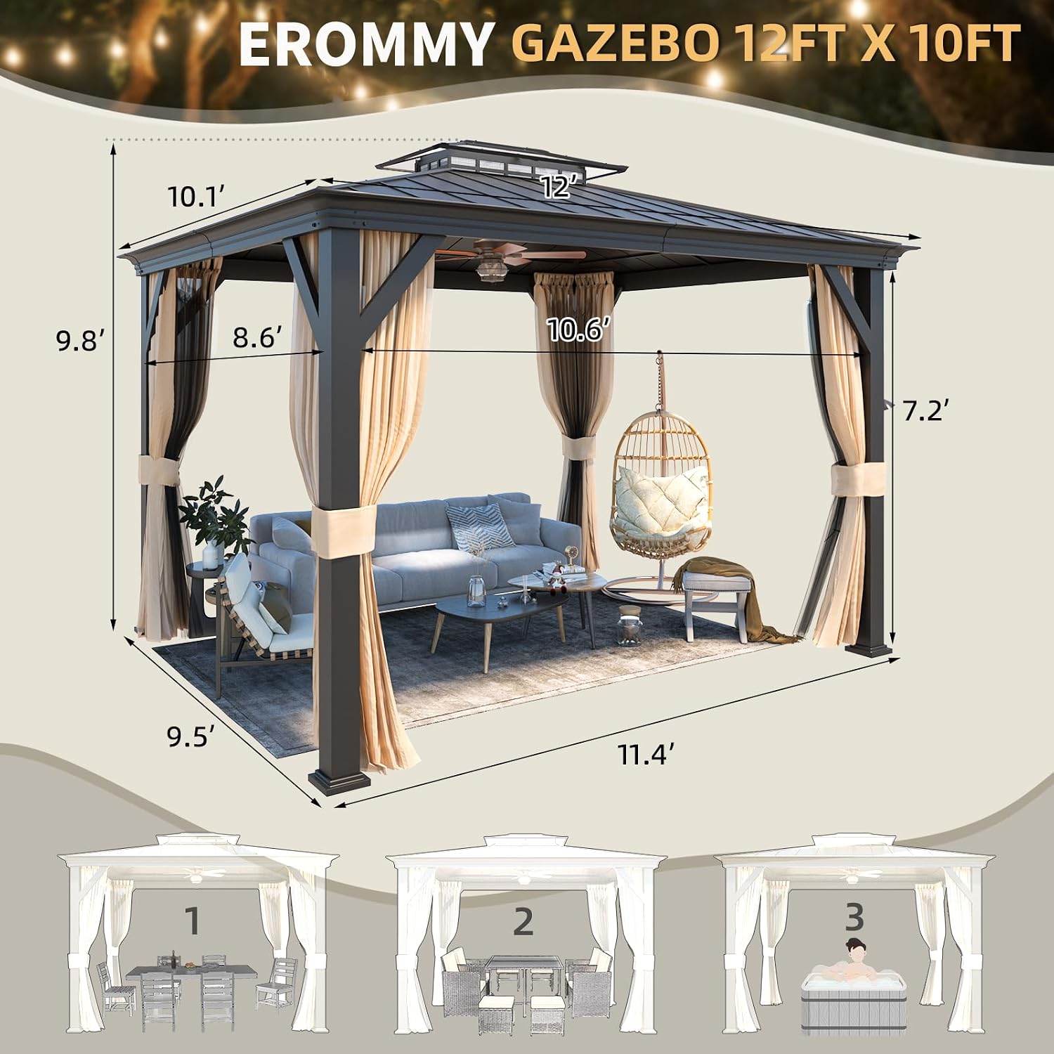 EROMMY 10'X12' Gazebo with Galvanized Steel and Acrylic Roof, Thickened Aluminum Frame Included, Outdoor Permanent Pavilion Gazebos with Curtains and Nettings for Patio, Backyard, Deck