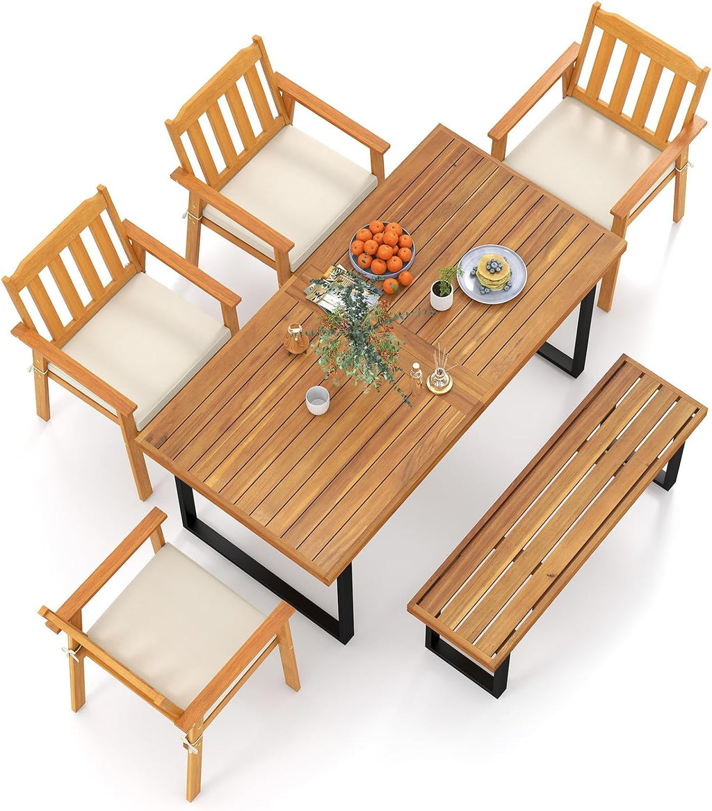 Tangkula 6 Pieces Patio Dining Table Set, 63' Rectangle Acacia Wood Table with Umbrella Hole and 4 Cushioned Armchairs and Backless Bench, Outdoor Dinette Furniture for Garden Yard Kitchen
