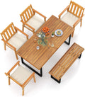 Tangkula 6 Pieces Patio Dining Table Set, 63' Rectangle Acacia Wood Table with Umbrella Hole and 4 Cushioned Armchairs and Backless Bench, Outdoor Dinette Furniture for Garden Yard Kitchen