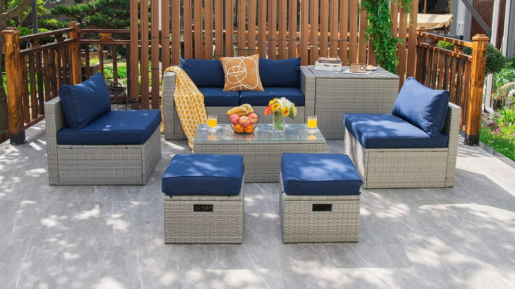 Tangkula 8 Piece Patio Wicker Furniture Set, Patiojoy Space Saving Outdoor PE Rattan Conversation Set with Storage Box & Waterproof Cover, Coffee Table, 2 Ottomans, 2 Armless Sofas & 2 Corner Sofas