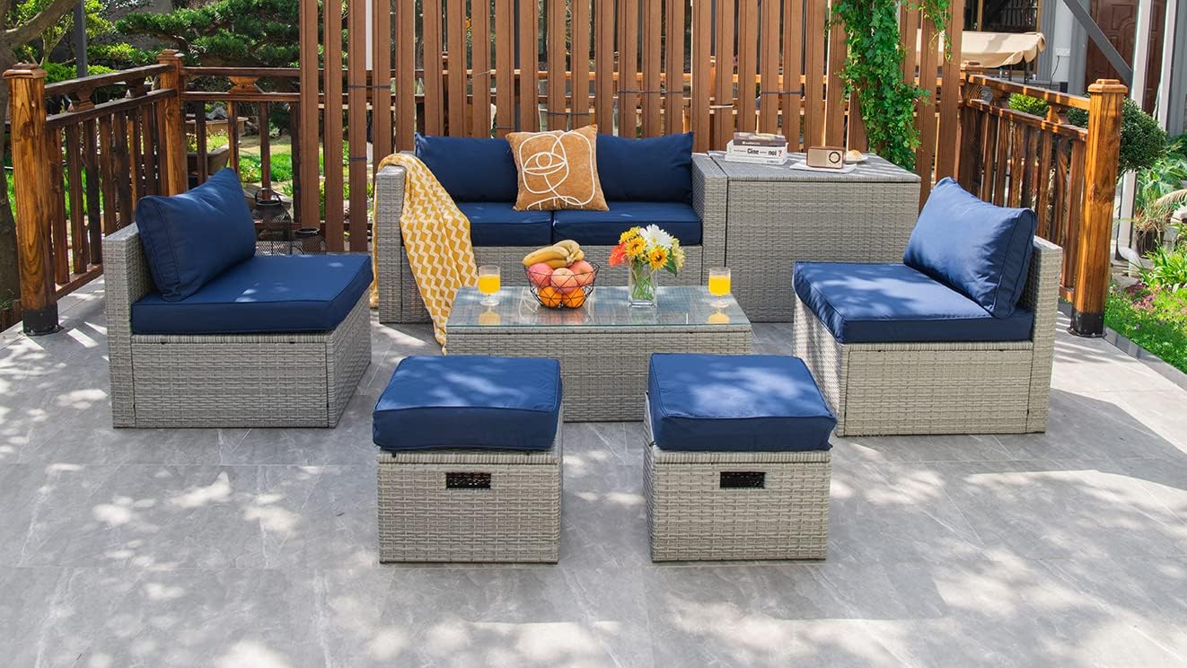 Tangkula 8 Piece Patio Wicker Furniture Set, Patiojoy Space Saving Outdoor PE Rattan Conversation Set with Storage Box & Waterproof Cover, Coffee Table, 2 Ottomans, 2 Armless Sofas & 2 Corner Sofas