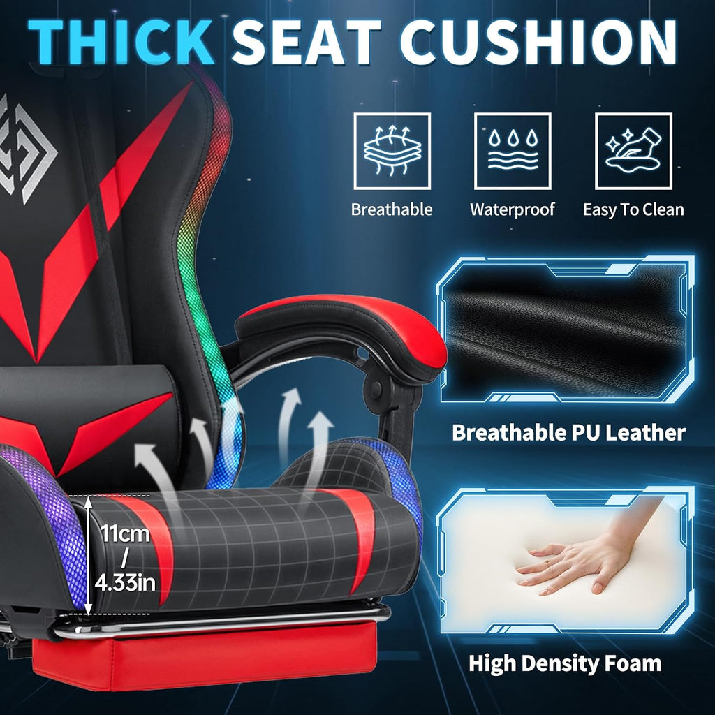 Gaming Chair with Speakers and LED Lights Ergonomic Computer Chair with Massage and Footrest Reclining Video Game Chair for Adults with Adjustable Lumbar Support Red and Black