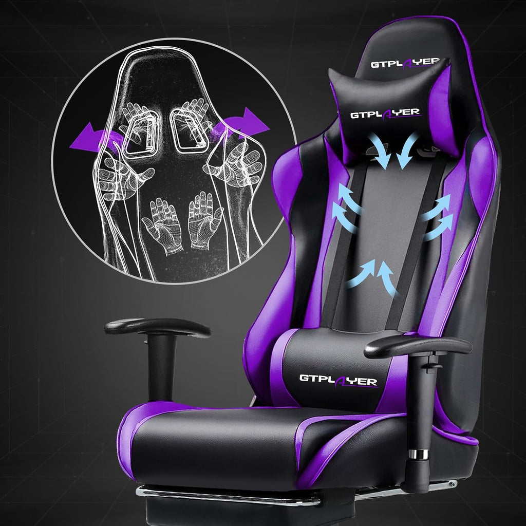 GTPLAYER Gaming Chair with Footrest, Ergonomic Computer Game Desk Chair, Recline Gaming Chair Seat Height Adjustment, Swivel Rocker with Headrest and Lumbar (Purple)