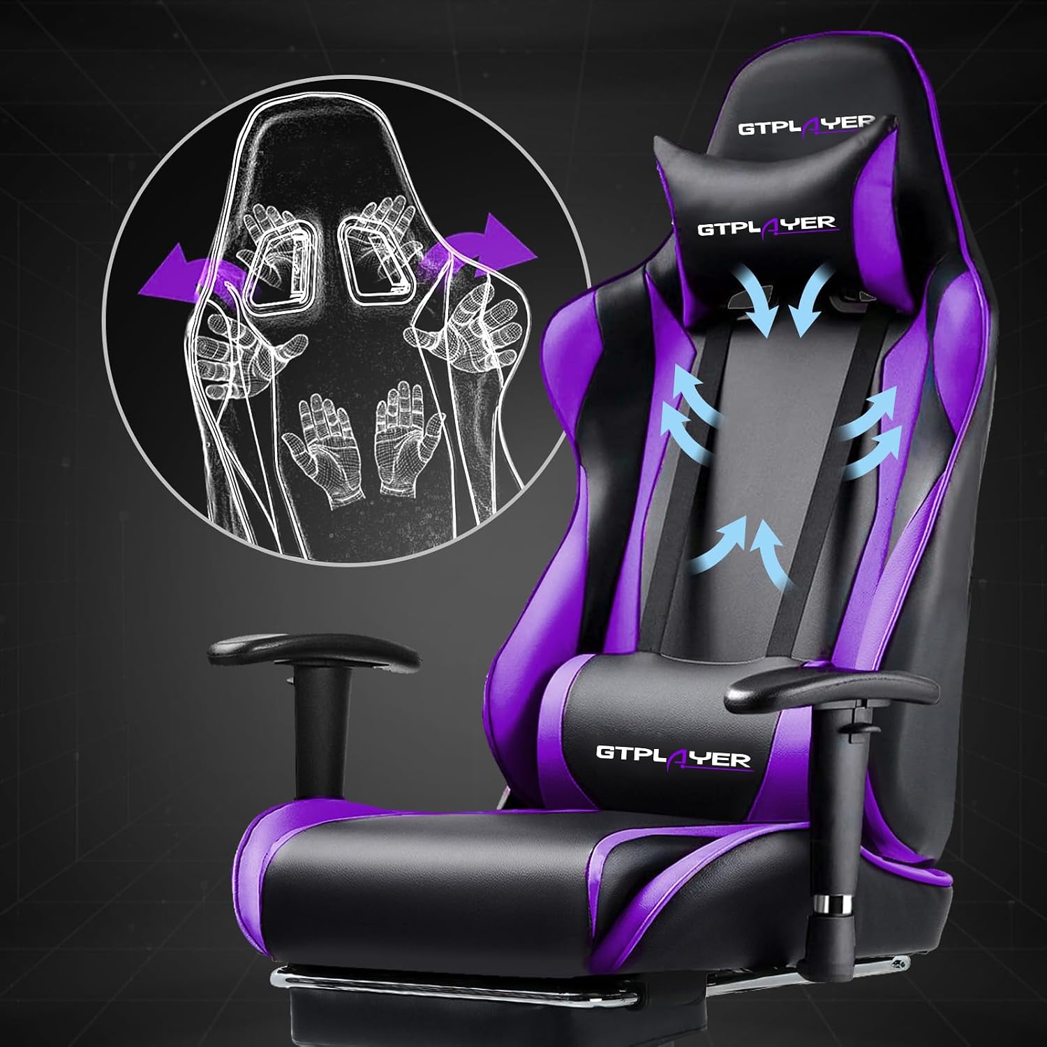 GTPLAYER Gaming Chair with Footrest, Ergonomic Computer Game Desk Chair, Recline Gaming Chair Seat Height Adjustment, Swivel Rocker with Headrest and Lumbar (Purple)