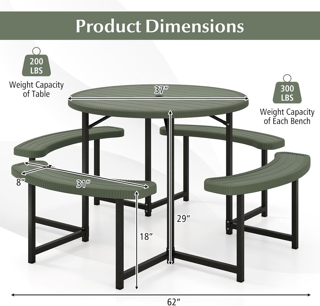 Giantex Picnic Table Bench Set for 4-8 Person, Round 37' Outdoor Dining Table w/Umbrella Hole, HDPE Tabletop, Metal Frame, Patio Furniture Set for Backyard Porch Lawn, 1400lb Capacity (Green,Round)