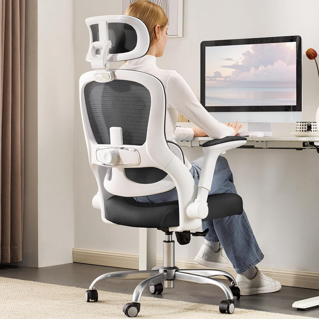 Office Chair - Ergonomic Desk Chair with Adjustable Headrest Lumbar Support Computer Chair - Mesh Comfy Chairs with Flip-up Armrests - Big and Tall Gaming Chairs for Adults Home Office(White Black)