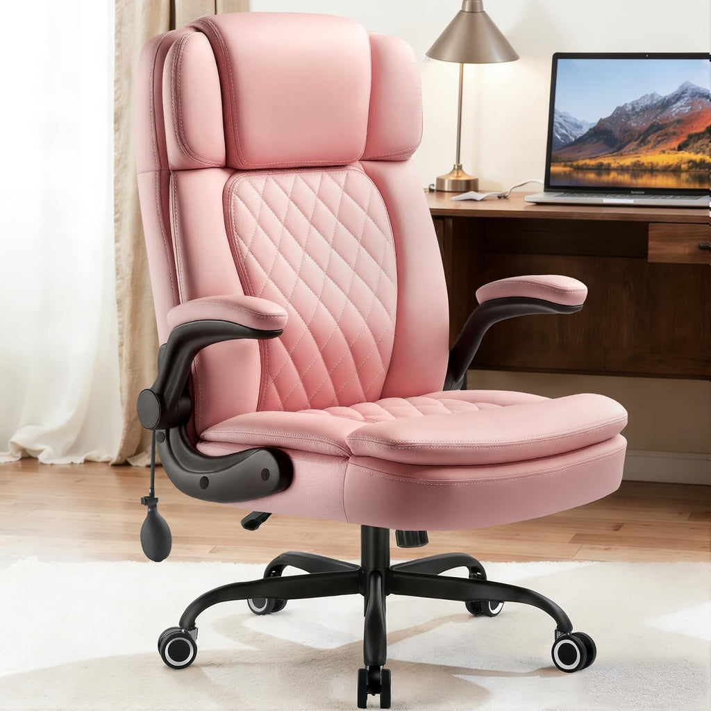 450 LBS Big and Tall Executive Office Chair with Flip up Arm, Heavy Duty Leather Computer Desk Chair,Comfortable High Back Swivel Home Office Chair with Rolling for Adults (Pink)