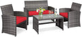 COSTWAY Patio Furniture Set 4 Pieces, Outdoor Wicker Chairs Sofa w/Coffee Table and Soft Cushions, Rattan Conversation Sets for Patio Lawn Backyard Yard Pool Garden, Red