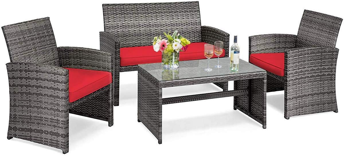 COSTWAY Patio Furniture Set 4 Pieces, Outdoor Wicker Chairs Sofa w/Coffee Table and Soft Cushions, Rattan Conversation Sets for Patio Lawn Backyard Yard Pool Garden, Red