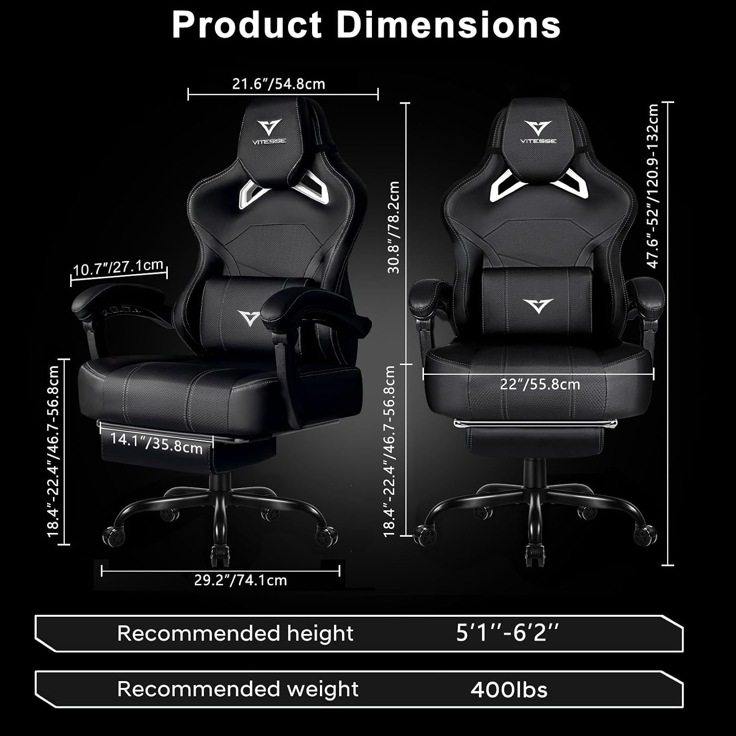 VITESSE Big and Tall Gaming Chair 400lb Weight Capacity with Footrest, Ergonomic Video Game Chair for Adults with Oversized Headrest and Lumbar Pillow, Computer Chair Gaming for Office (Black+White)