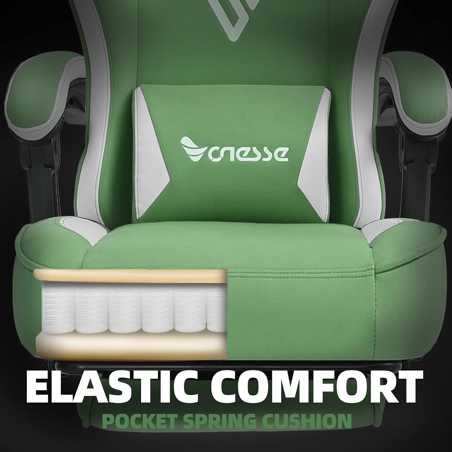 Vonesse Gaming Chair, Computer Chair Fabric with Pocket Spring Cushion, Office Chair with Footrest and Massage Lumbar Support, Reclining Gaming Chairs for Adults 250LBS (Green)