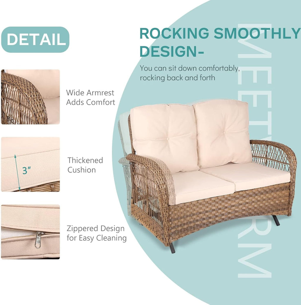 MEETWARM Outdoor Wicker Patio Glider Set, Loveseat for 2 Person Porch Furniture Glider with Glass-Top Coffee Table, Patio Glider Rocking Bench with Thickened Cushions, Brown