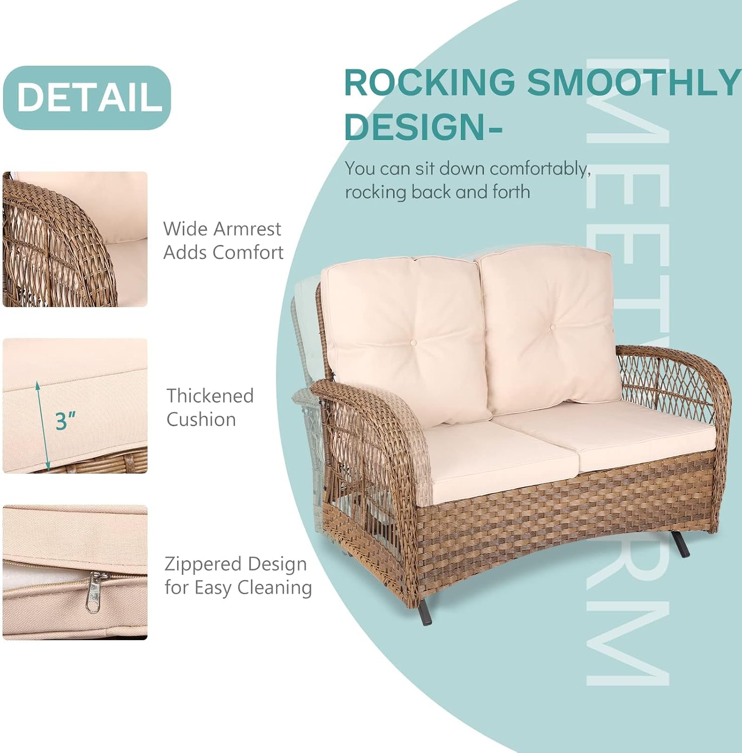 MEETWARM Outdoor Wicker Patio Glider Set, Loveseat for 2 Person Porch Furniture Glider with Glass-Top Coffee Table, Patio Glider Rocking Bench with Thickened Cushions, Brown