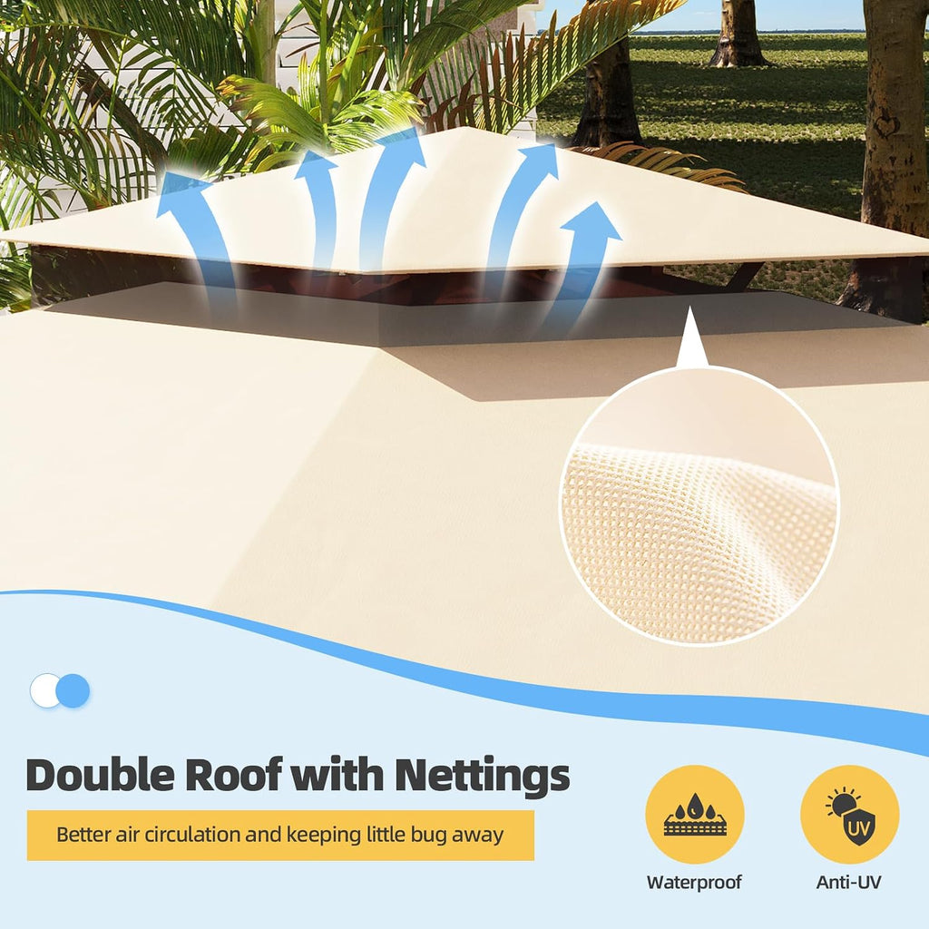 MELLCOM 10'x13' Outdoor Kahaki Gazebo for Patio, Heavy Duty Party Tent with Double Roofs, Outdoor Canopy with Curtains and Nettings for Deck, Lawn and Backyard