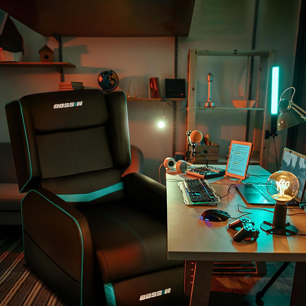 BOSSIN Gaming Recliner Chair for Adults 400lbs Racing Style Sofa Big and Tall PU Leather Recliner Seating, Modern Ergonomic Lounge Comfortable Home Movie Theater for Living Room(Cyan)