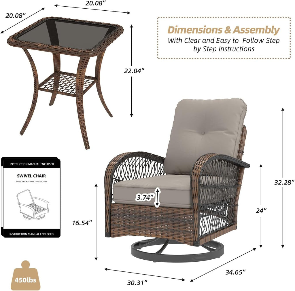MELLCOM 3 Pieces Patio Furniture Set, Outdoor Swivel Rocker Patio Chairs, Wicker Patio Bistro Set with Rocking Chair, Thickened Cushions and Glass Coffee Table for Backyard, Garden, Grey