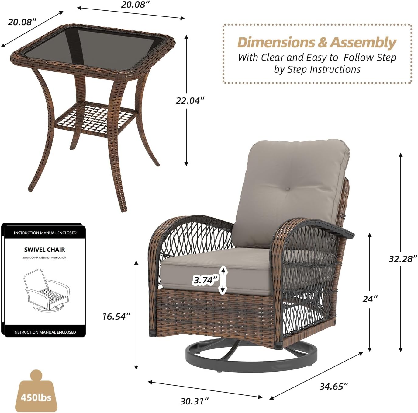 MELLCOM 3 Pieces Patio Furniture Set, Outdoor Swivel Rocker Patio Chairs, Wicker Patio Bistro Set with Rocking Chair, Thickened Cushions and Glass Coffee Table for Backyard, Garden, Grey
