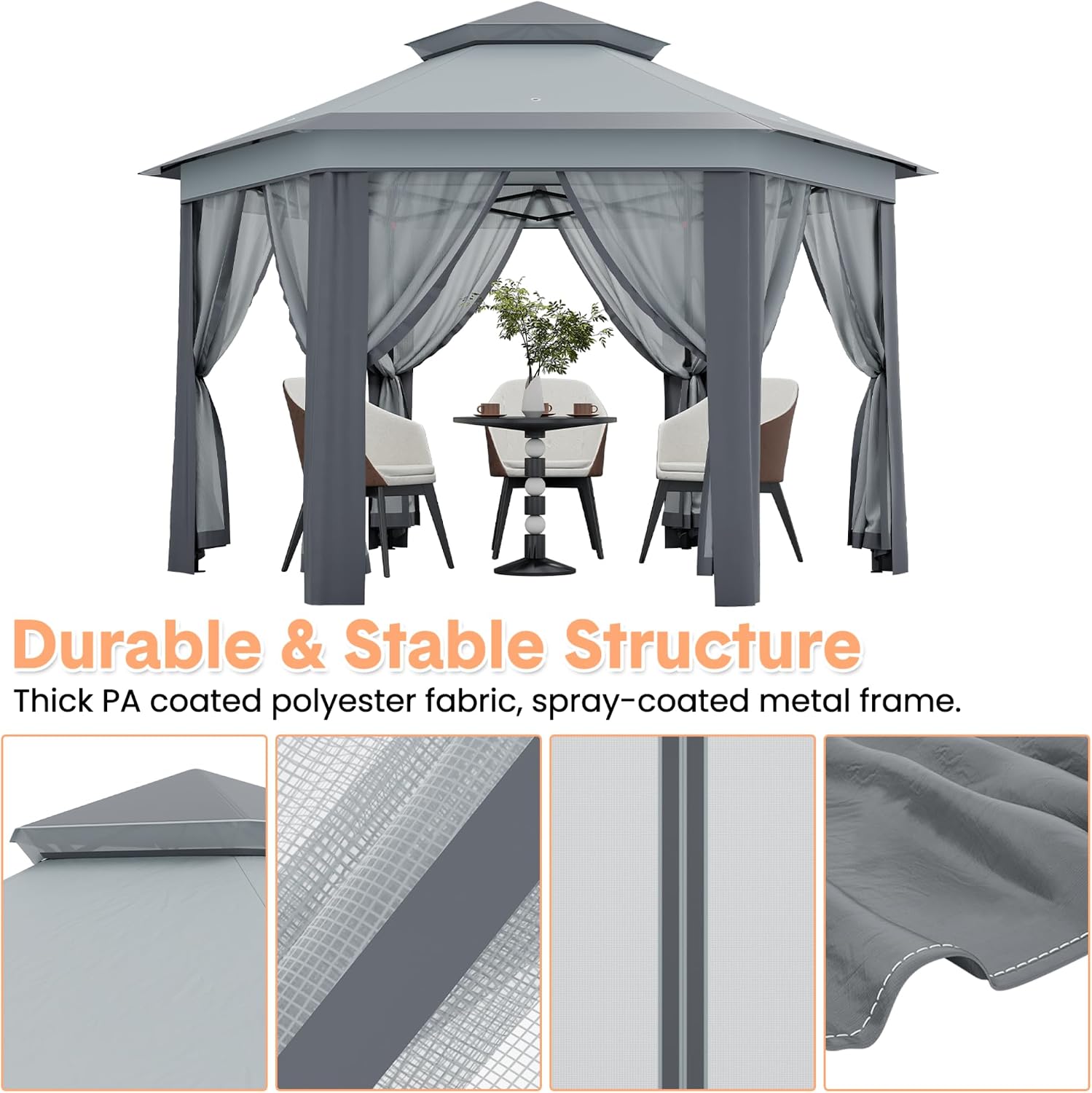 13x13FT Pop Up Gazebo Screen Tent,Hexagonal Instant Gazebo Tent with Mosquito Netting Outdoor Canopy,6 Sided Sun Shelter with Mesh Netting,Pavilion Tents for Lawn, Garden, Backyard & Patio Furniture