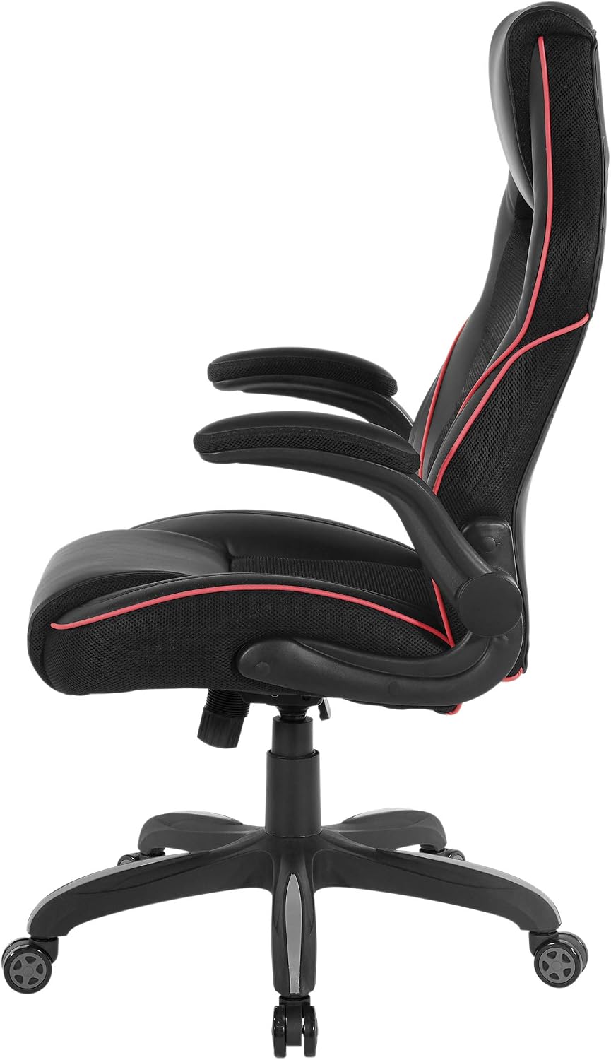 OSP Home Furnishings Xeno Ergonomic Adjustable Faux Leather Gaming Chair with Integrated Headrest and Airflow Cooling Material, Black with Red Accents