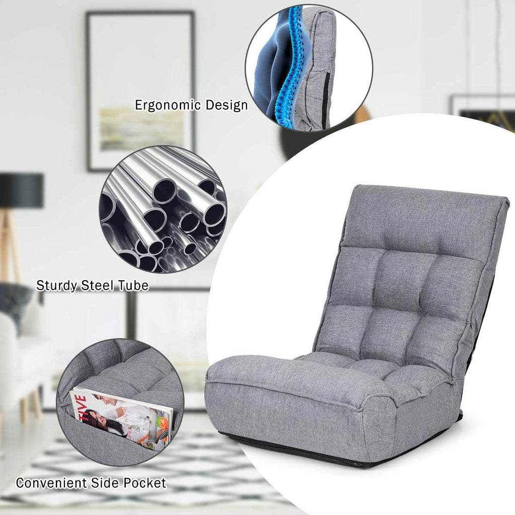 DORTALA Foldable Floor Chair for Adults, Memory Foam Floor Gaming Banana Chair w/ 5-Position Adjustable Head and Back Support for Bedroom, Living Room, Gaming Room, Grey