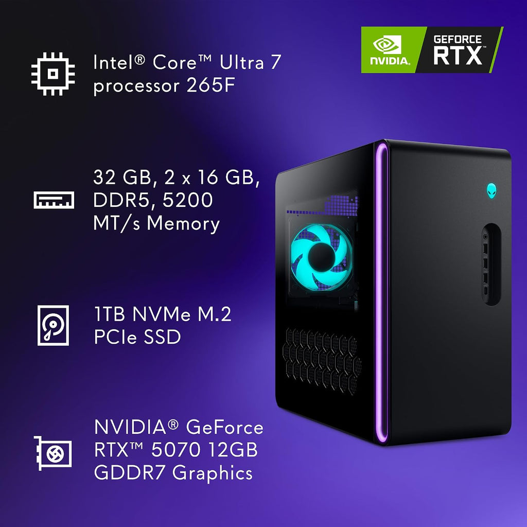 Alienware Aurora Gaming Desktop ACT1250 - Intel Core Ultra 7 265F Processor, Air Cooled, NVIDIA GeForce RTX 5060Ti, 16GB DDR5 RAM, 1TB SSD, 500W Platinum Rated PSU, Windows 11 Home - Clear Panel
