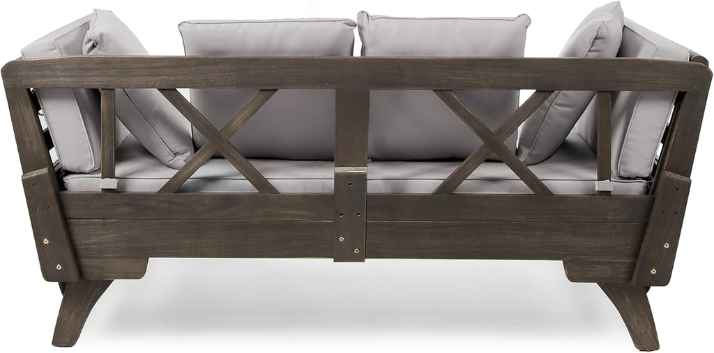 Merax Outdoor Patio Daybed Sofa,3-Seat Sofa with Foldable Arm 4 Back Pillows,Teak Acacia Wood Frame Beige Removable Cushion,Grey