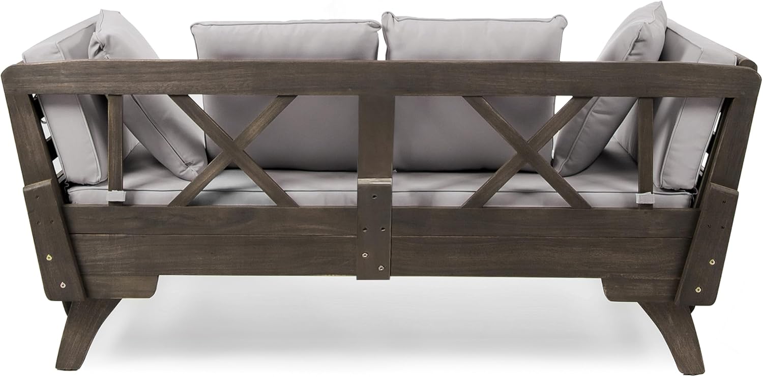 Merax Outdoor Patio Daybed Sofa,3-Seat Sofa with Foldable Arm 4 Back Pillows,Teak Acacia Wood Frame Beige Removable Cushion,Grey
