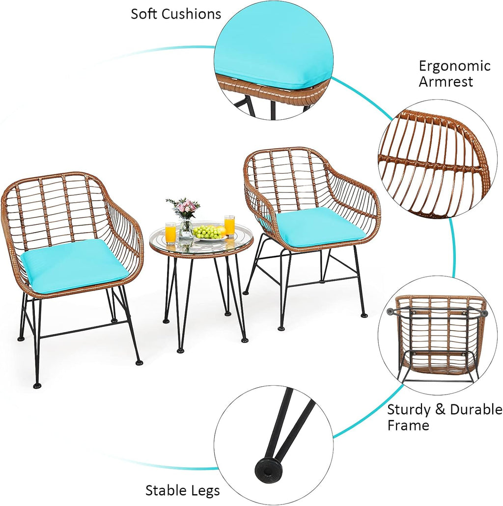 Tangkula 3 Pieces Patio Conversation Bistro Set, Outdoor Wicker Furniture w/Round Tempered Glass Top Table & 2 Rattan Armchairs, Bistro Chat Set w/Seat Cushions for Porch, Backyard, Garden