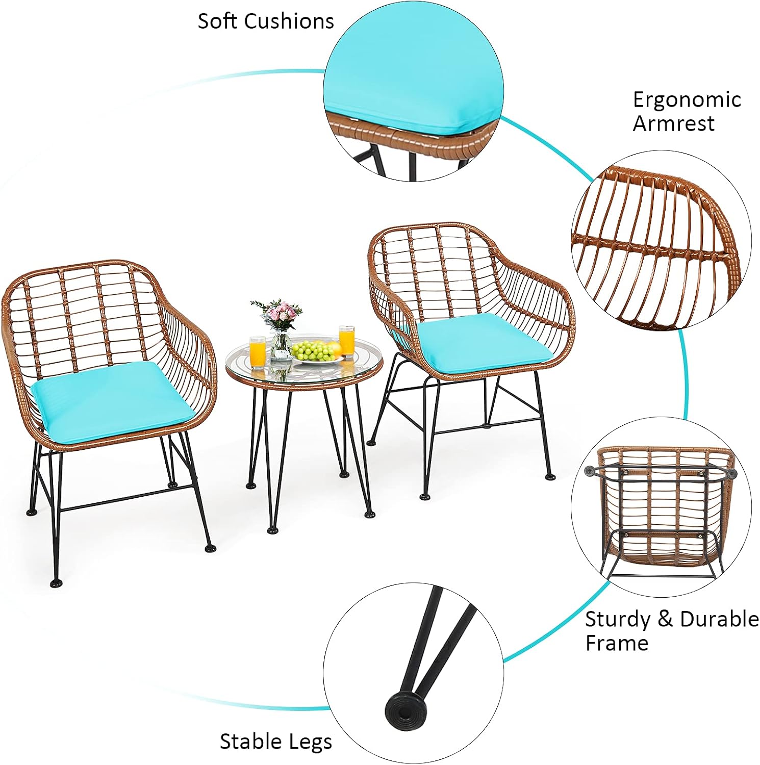 Tangkula 3 Pieces Patio Conversation Bistro Set, Outdoor Wicker Furniture w/Round Tempered Glass Top Table & 2 Rattan Armchairs, Bistro Chat Set w/Seat Cushions for Porch, Backyard, Garden